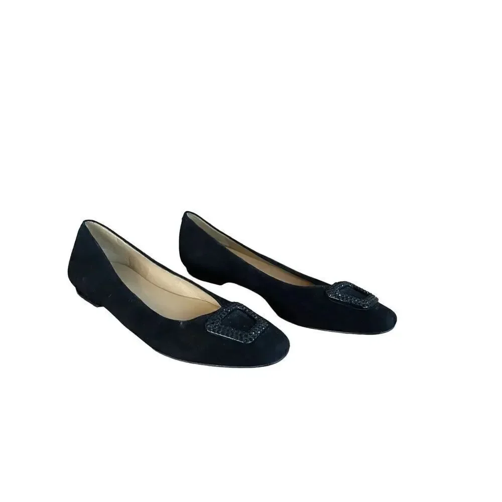 Talbots Womens Black Rhinestone Buckle Slip On Suede Flats Ballet Size 9